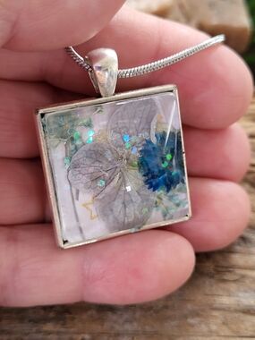 Handcrafted Square Floral -- Under Glass Pendant Necklace